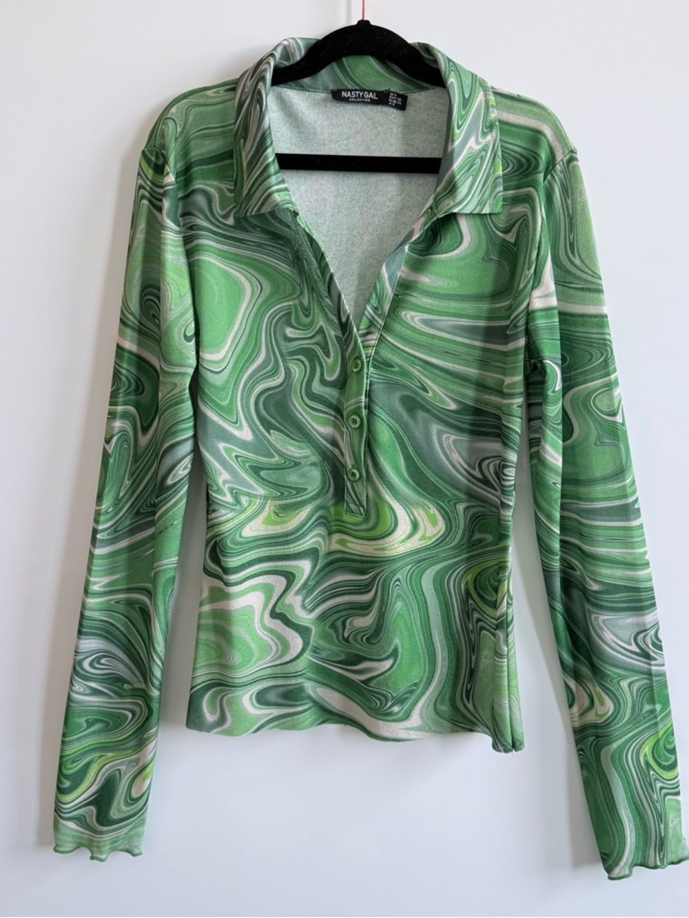 Nasty Gal Green Marble Swirl Mesh Long Sleeve Top - Y2K Groovy Print